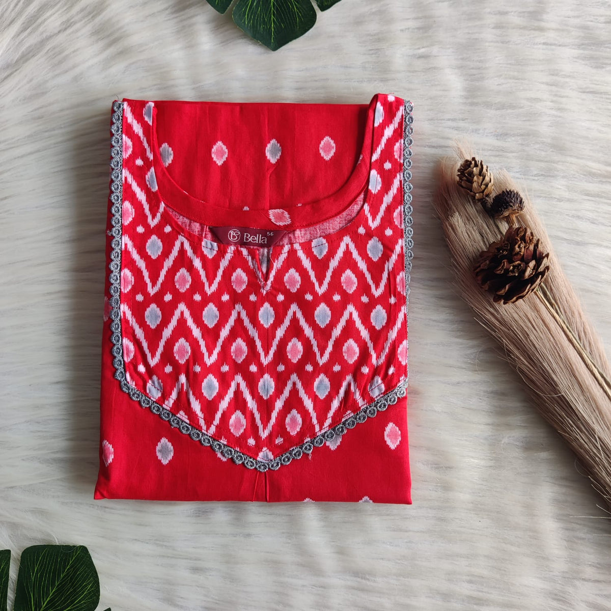 Grey And Red Printed Premium Cotton Mix N Match Lace Pocket Nighty | Free Size | Chest Width 44″| Length 56″