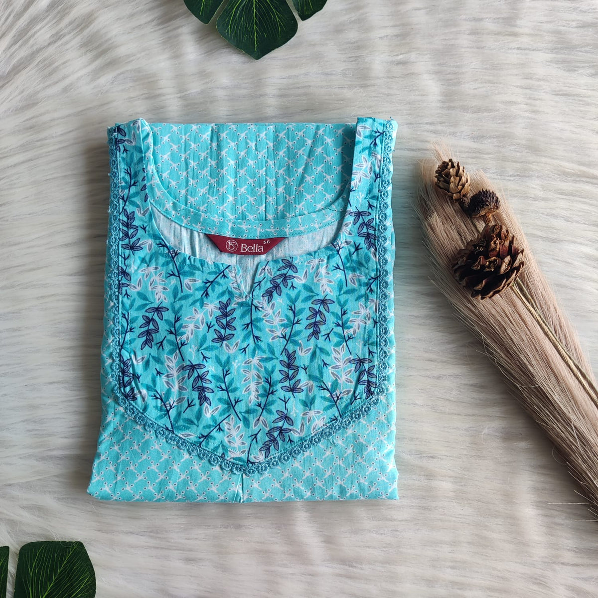 Dark And Pale Blue Printed Premium Cotton Mix N Match Lace Pocket Nighty | Free Size | Chest Width 44″| Length 56″