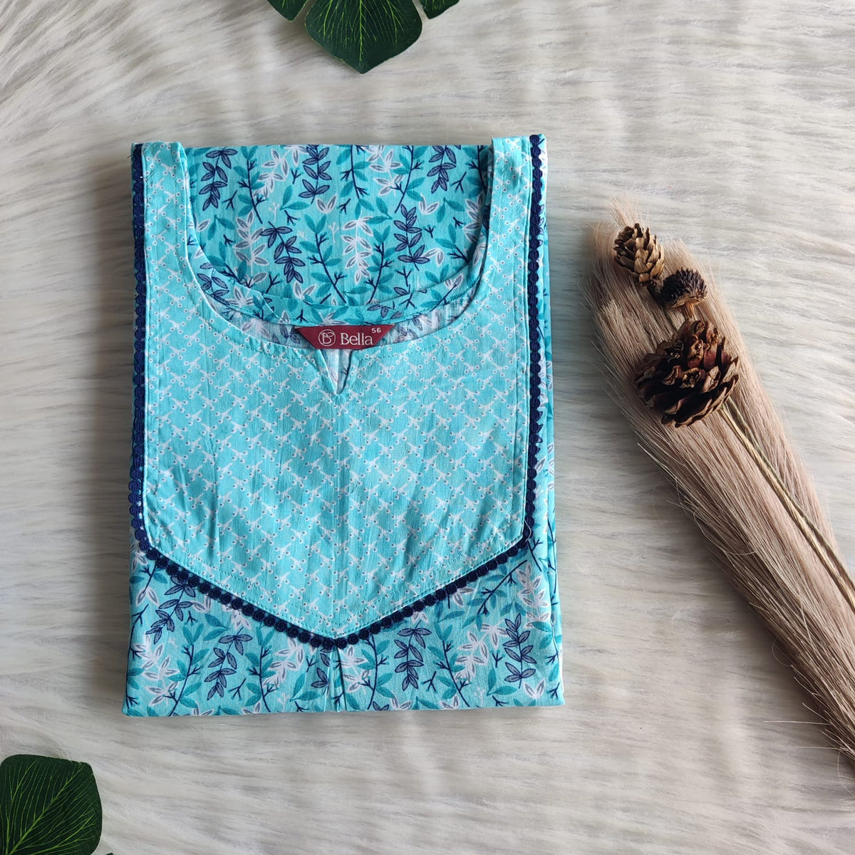 Pale And Dark Blue Leaf Printed Premium Cotton Mix N Match Lace Pocket Nighty | Free Size | Chest Width 44″| Length 56″