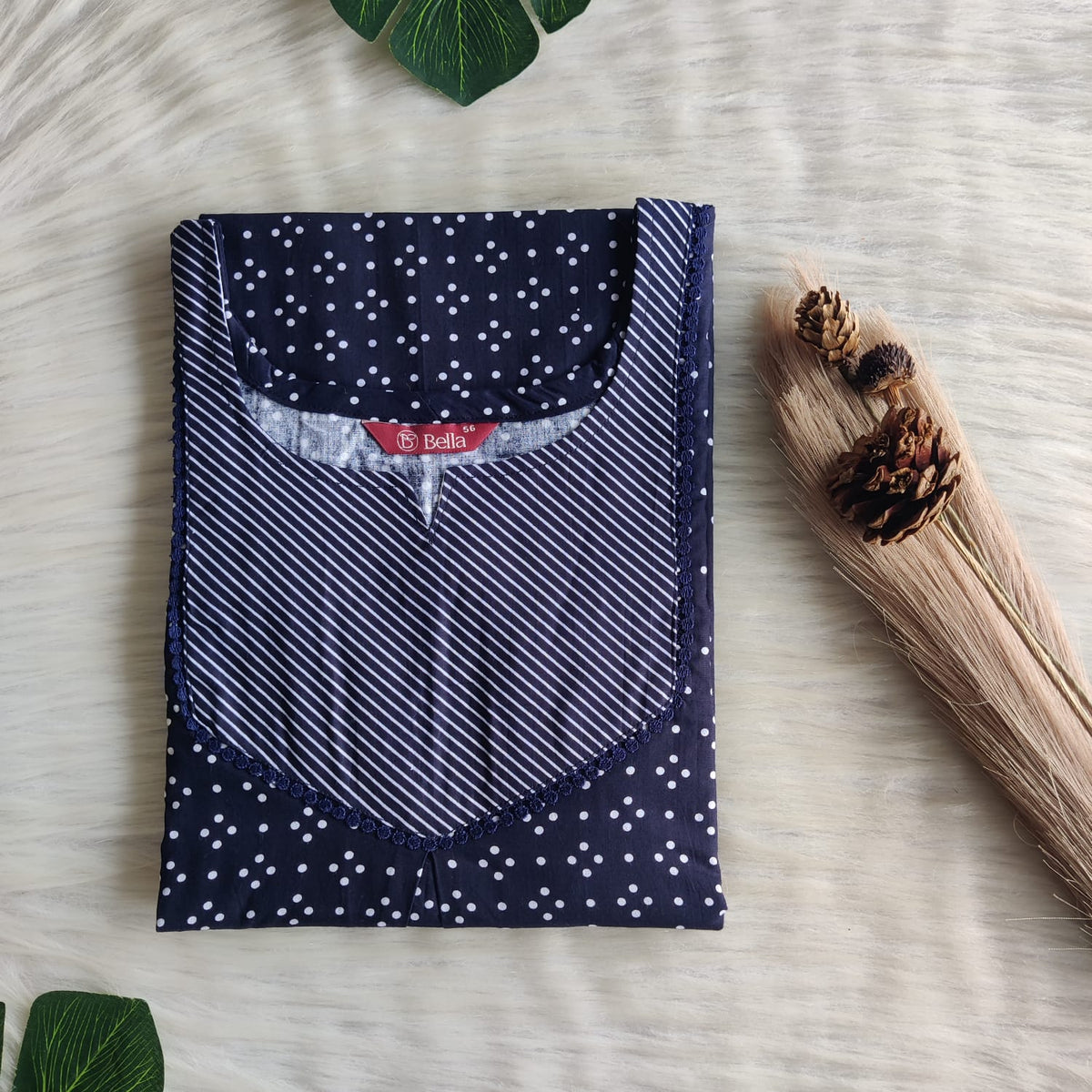 White And Navy Blue Dot Printed Premium Cotton Mix N Match Lace Pocket Nighty | Free Size | Chest Width 44″| Length 56″