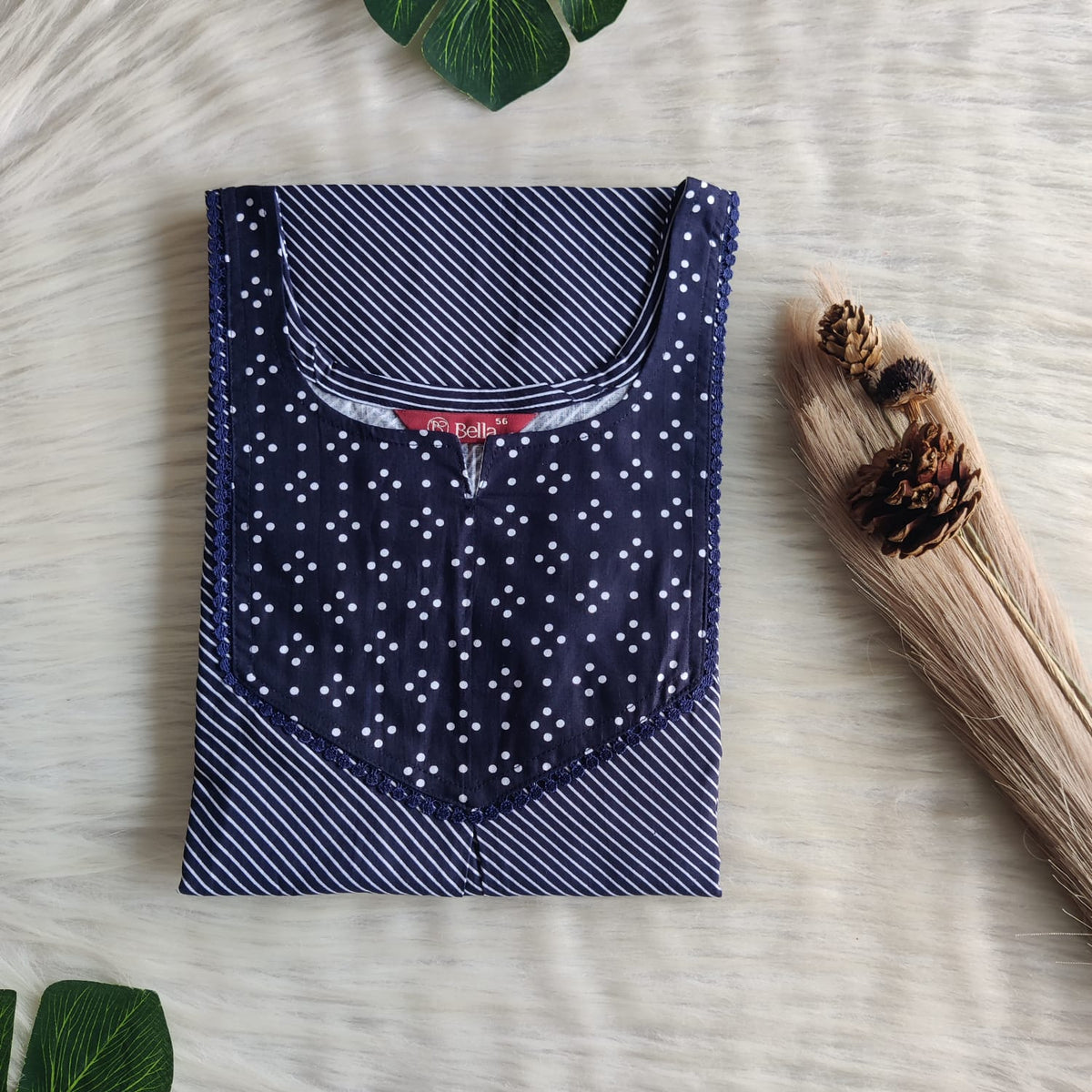 Navy Blue And White Stripes Printed Premium Cotton Mix N Match Lace Pocket Nighty | Free Size | Chest Width 44″| Length 56″