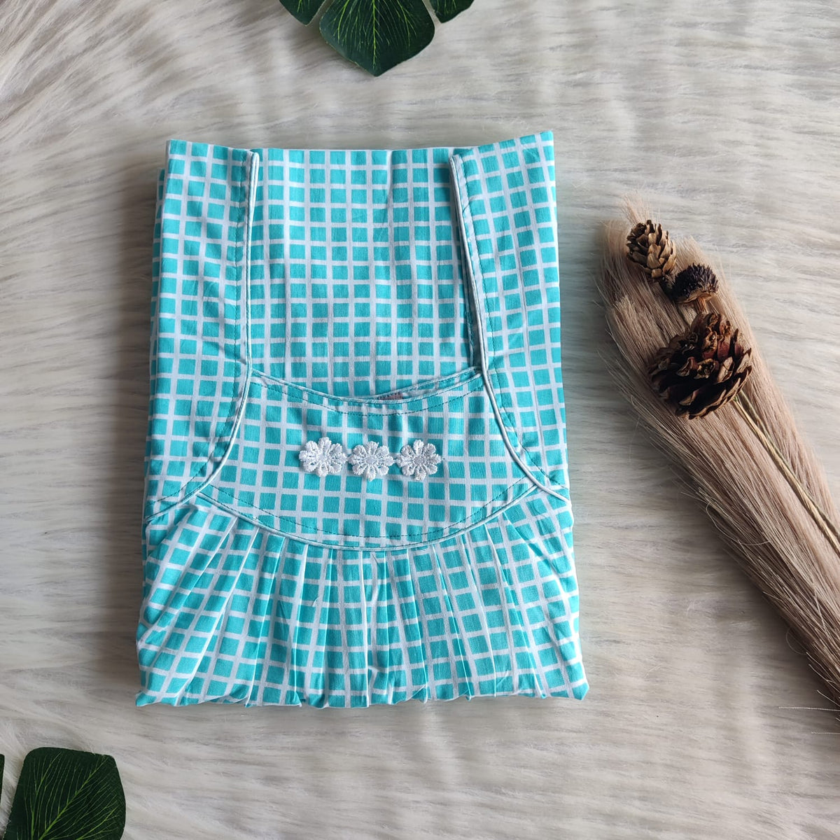 Aqua Blue Check Premium Cotton Three Flower Nighty |Free Size | Chest Width 44"| Length 54"-55"