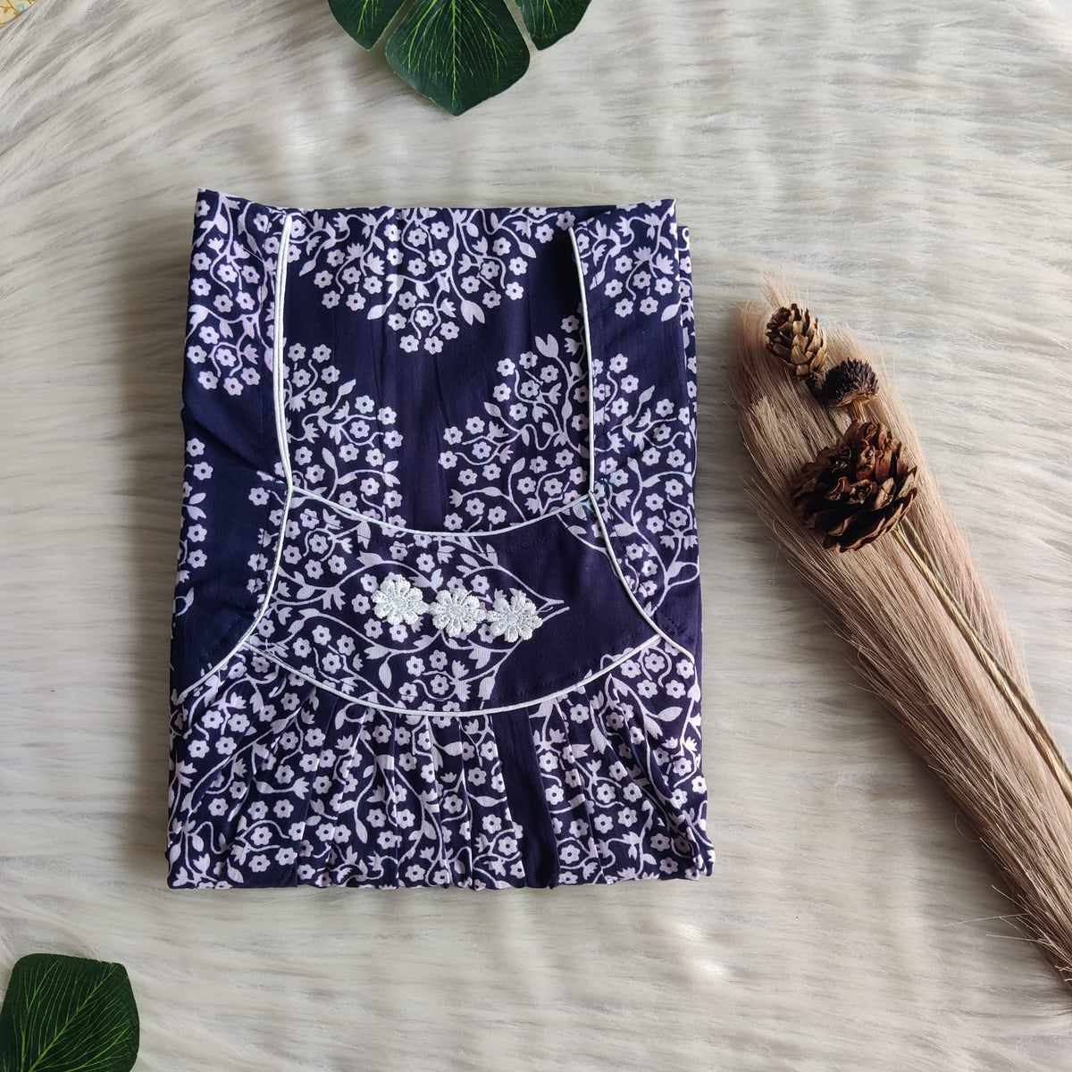 Navy Blue Premium Cotton Three Flower Nighty |Free Size | Chest Width 44"| Length 54"-55"