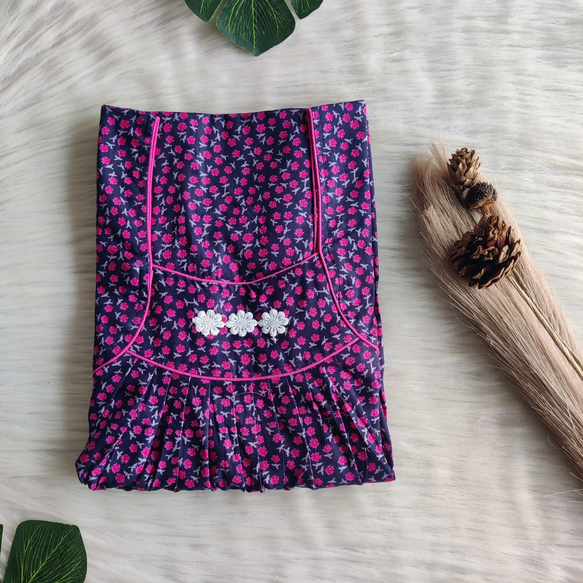 Pink Floral Printed Navy Blue Premium Cotton Three Flower Nighty |Free Size | Chest Width 44"| Length 54"-55"