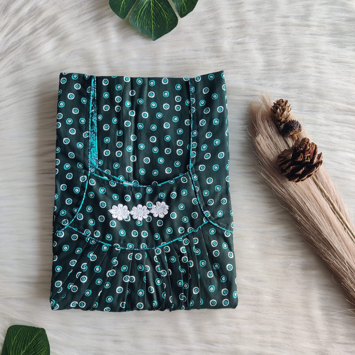 Green Dot Printed Premium Cotton Three Flower Nighty |Free Size | Chest Width 44"| Length 54"-55"