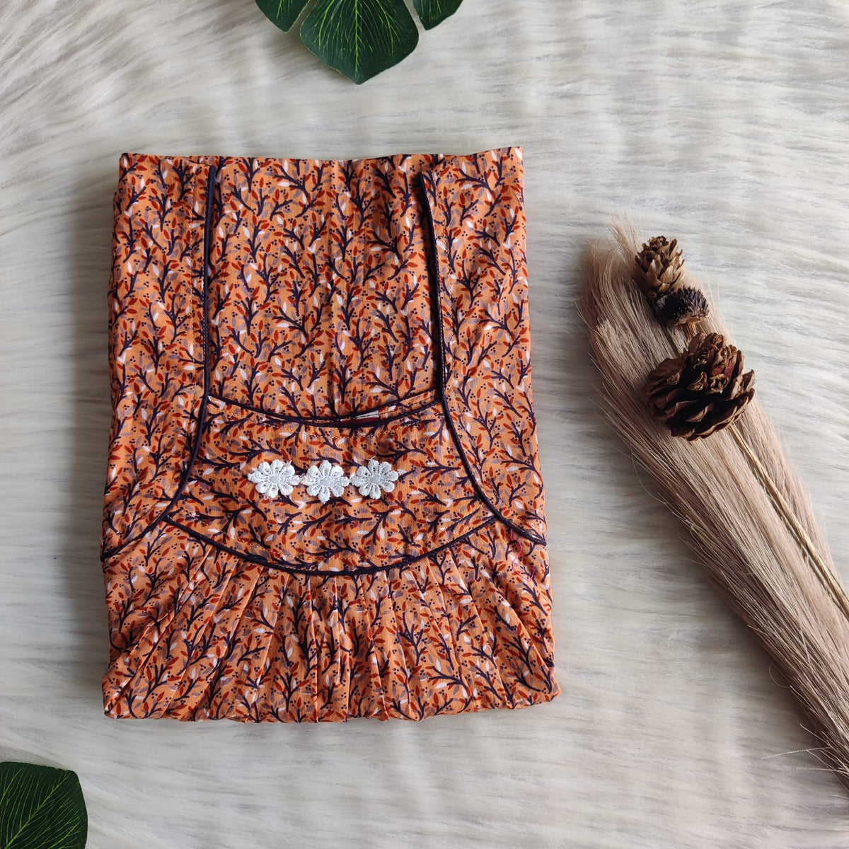 Brown Printed Premium Cotton Three Flower Nighty |Free Size | Chest Width 44"| Length 54"-55"