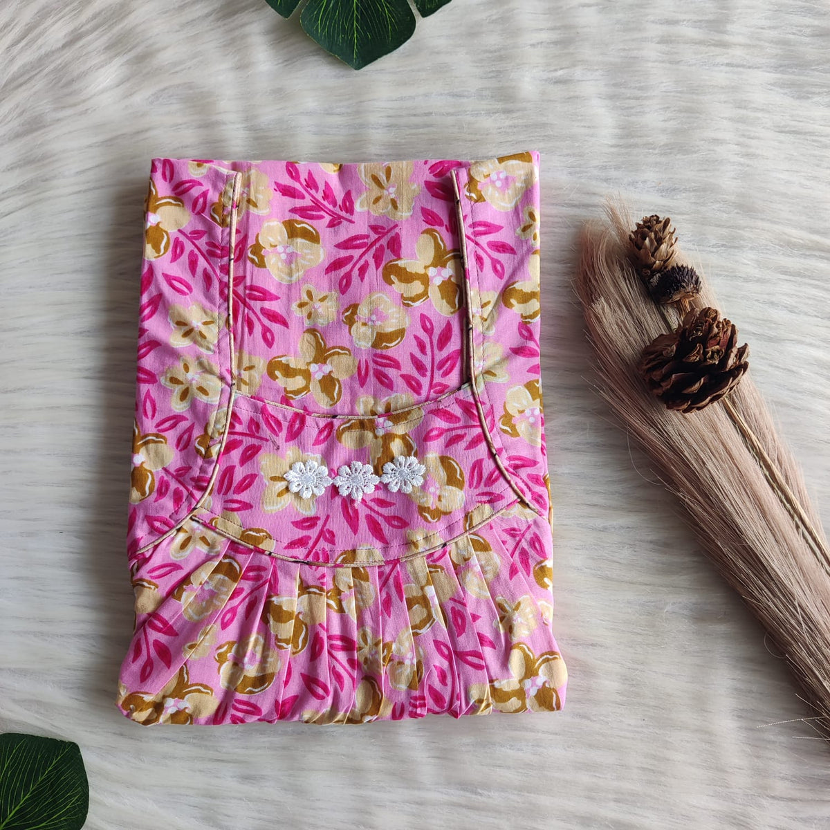 Yellow Floral Printed Pink Premium Cotton Three Flower Nighty |Free Size | Chest Width 44"| Length 54"-55"