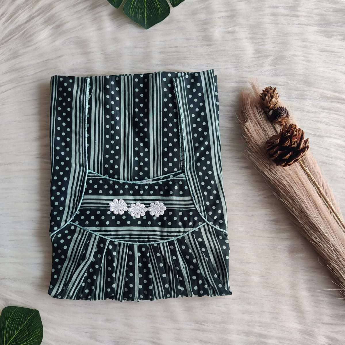 Green Dot Printed Premium Cotton Three Flower Nighty |Free Size | Chest Width 44"| Length 54"-55"