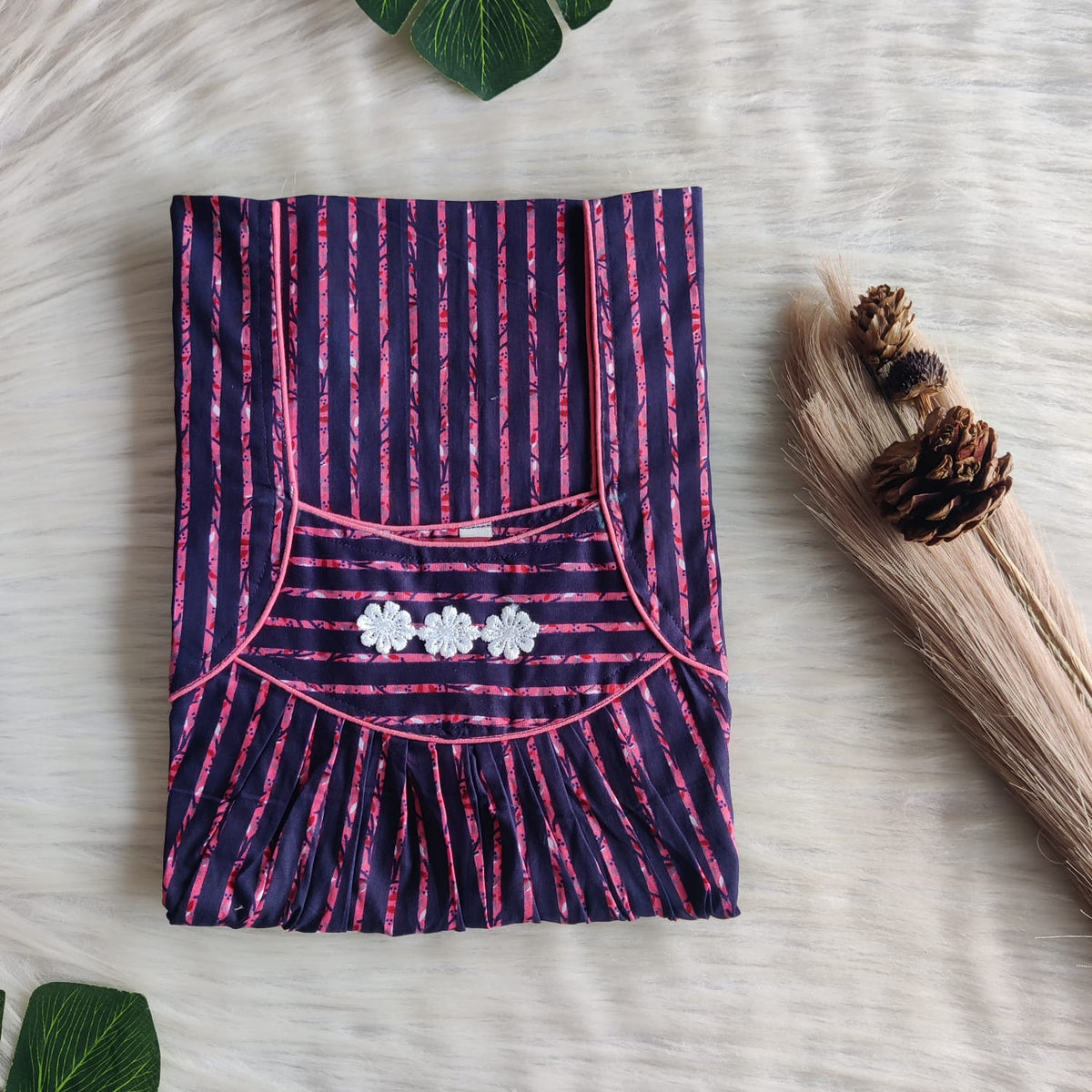 Navy Blue Stripe Printed Premium Cotton Three Flower Nighty |Free Size | Chest Width 44"| Length 54"-55"