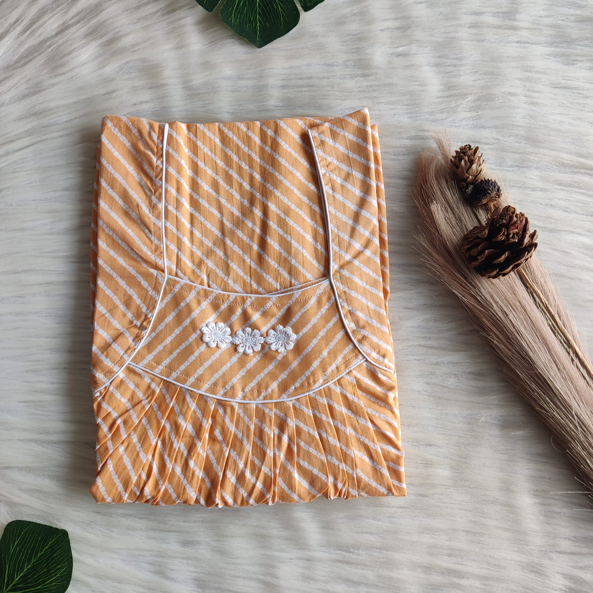 Orange Stripes Printed Premium Cotton Three Flower Nighty |Free Size | Chest Width 44"| Length 54"-55"