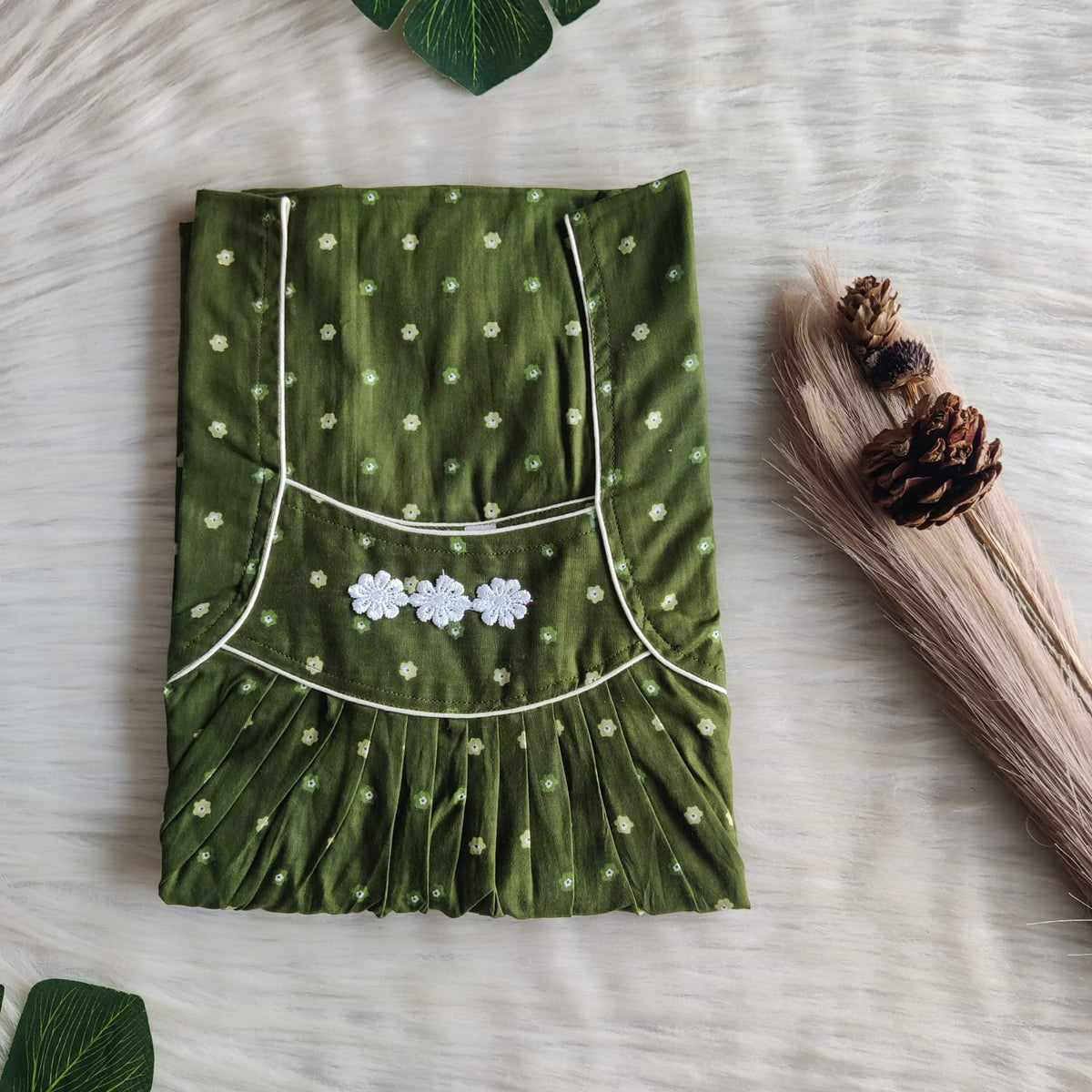 Dark Green Printed Premium Cotton Three Flower Nighty |Free Size | Chest Width 44"| Length 54"-55"