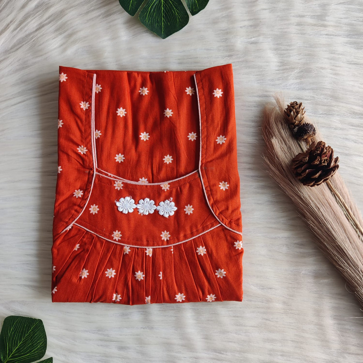 Burned Orange Printed Premium Cotton Three Flower Nighty |Free Size | Chest Width 44"| Length 54"-55"
