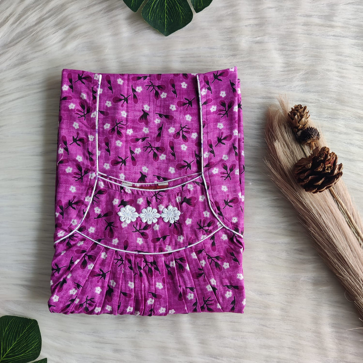Pink Floral Printed Premium Cotton Three Flower Nighty |Free Size | Chest Width 44"| Length 54"-55"