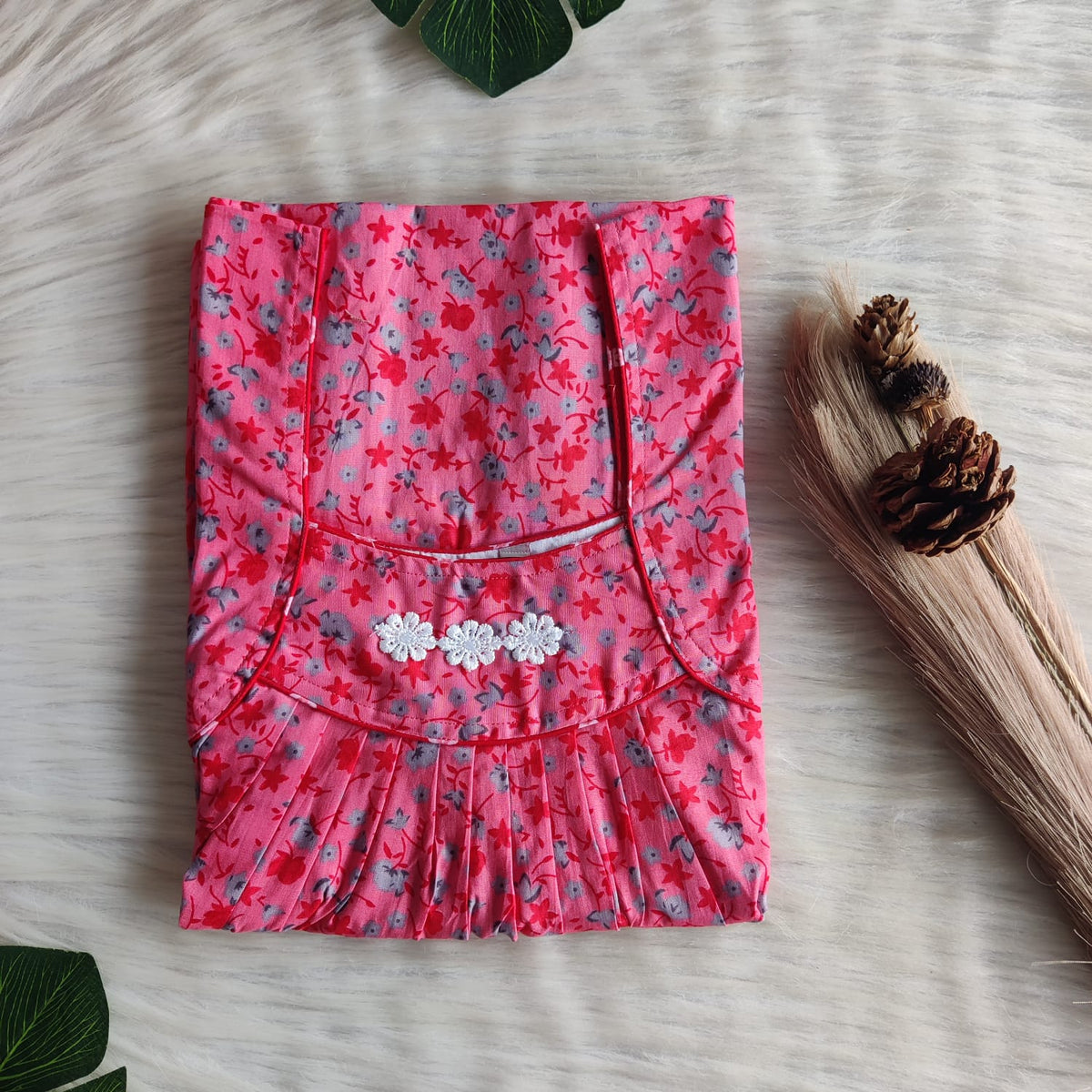 Grey Floral Printed Peach Printed Premium Cotton Three Flower Nighty |Free Size | Chest Width 44"| Length 54"-55"