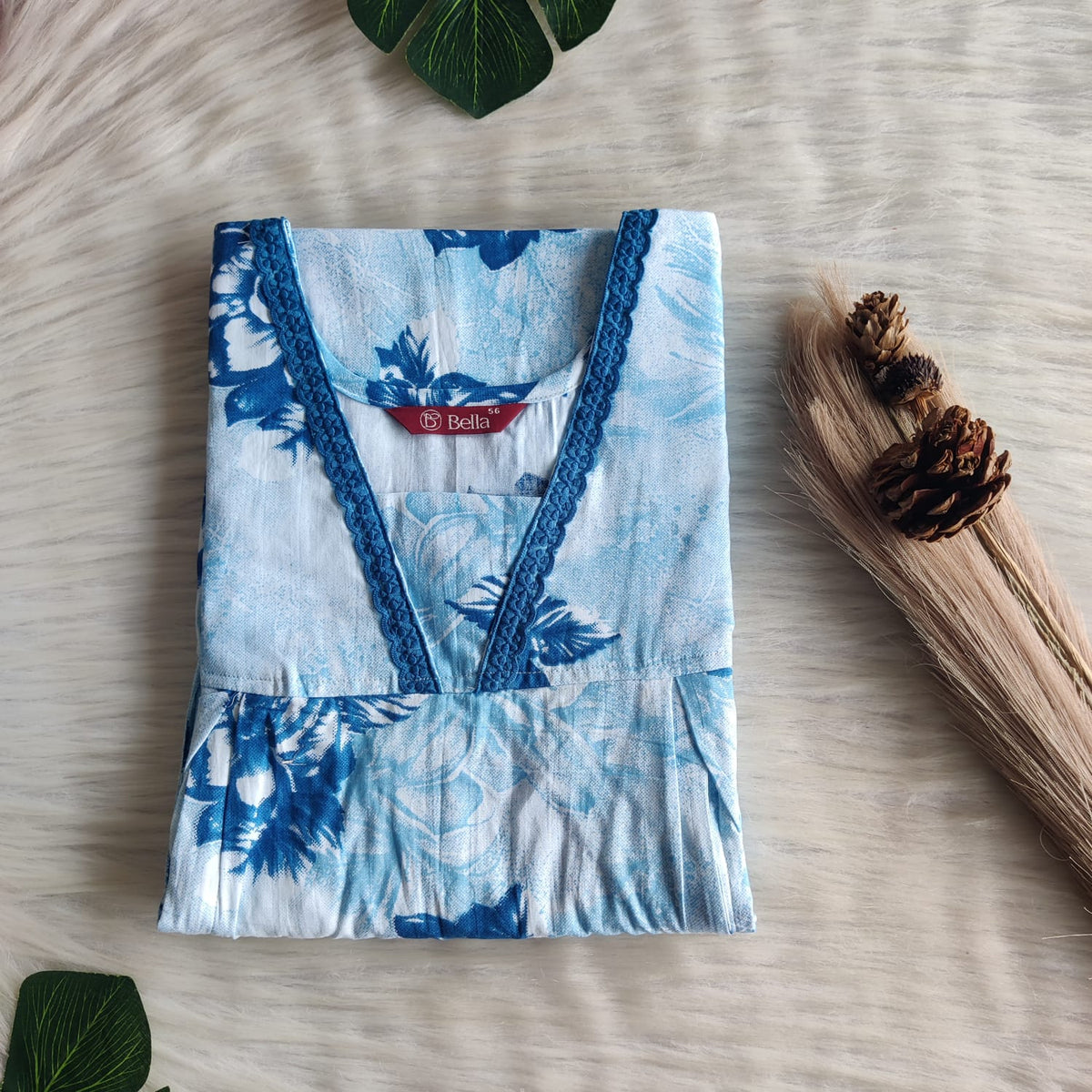 Pale Blue Printed Premium Cotton Two Side Vertical Lace Zip Feeding Nighty | Free Size | Chest Width 44″| Length 56″
