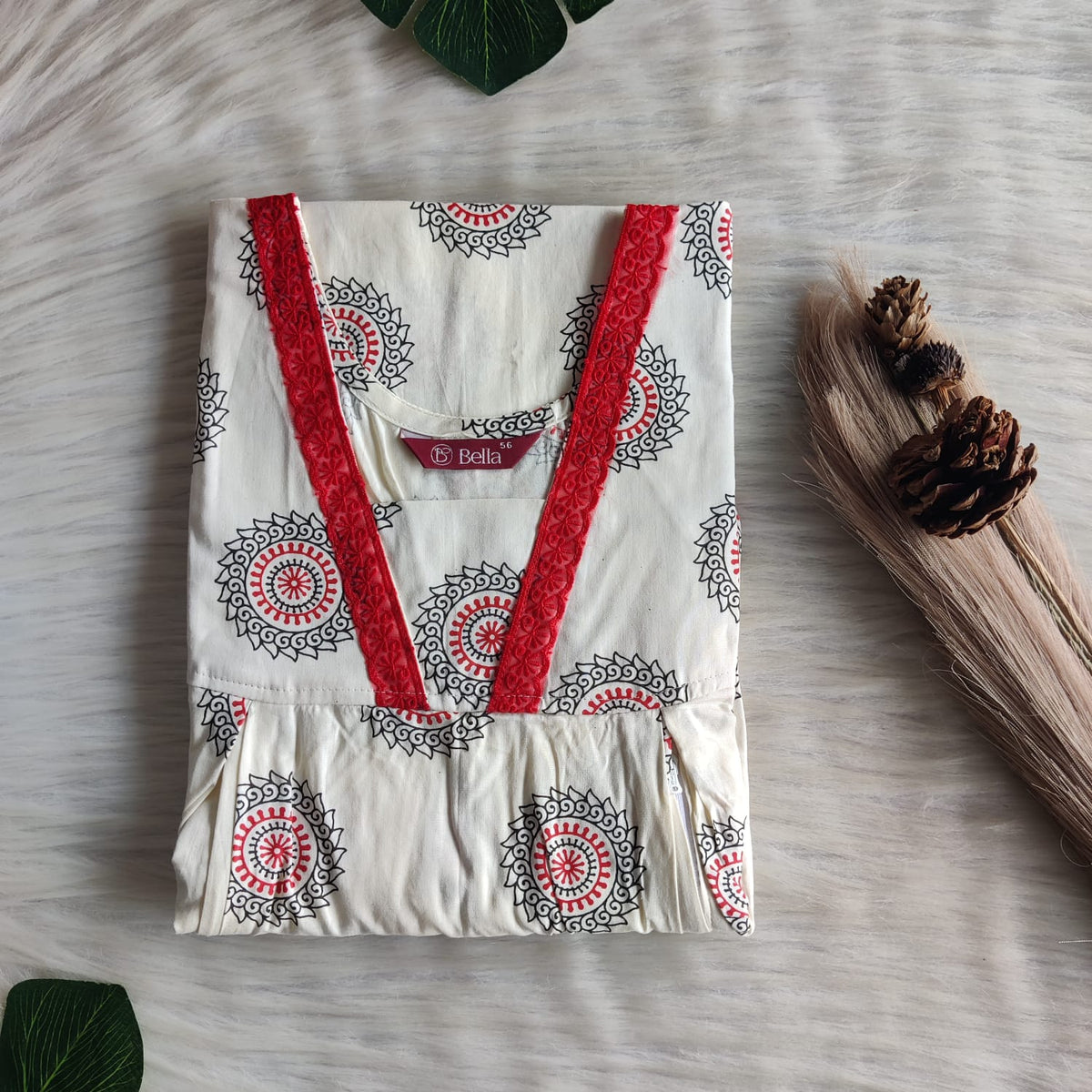 Ivory Printed Premium Cotton Two Side Vertical Lace Zip Feeding Nighty | Free Size | Chest Width 44″| Length 56″