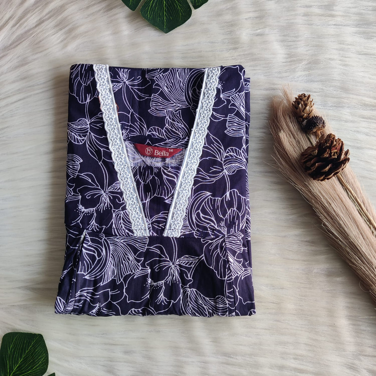 Navy Blue Floral Printed Premium Cotton Two Side Vertical Lace Zip Feeding Nighty | Free Size | Chest Width 44″| Length 56″