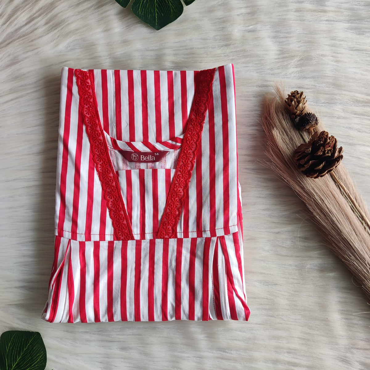 Red Stripe Printed Premium Cotton Two Side Vertical Lace Zip Feeding Nighty | Free Size | Chest Width 44″| Length 56″