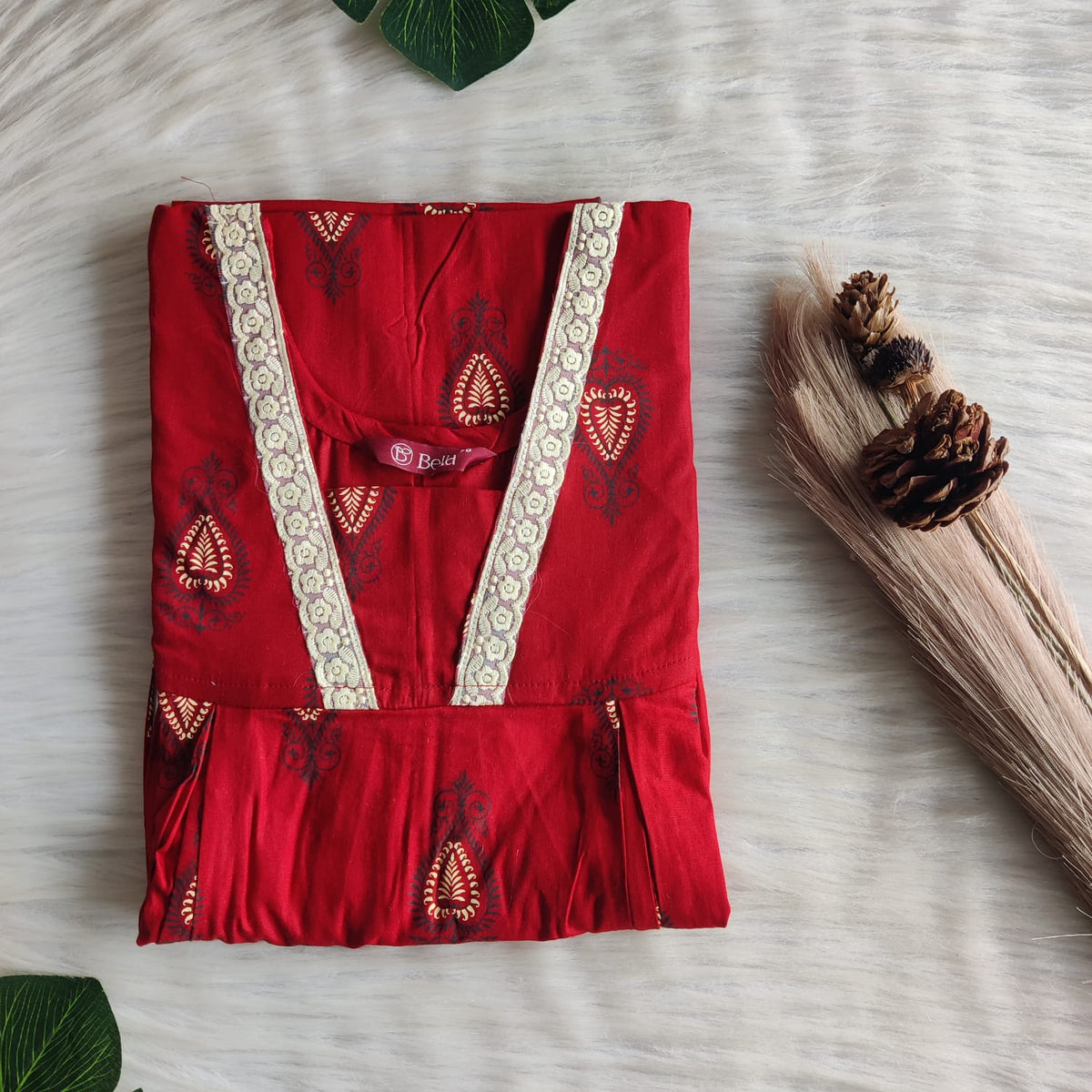 Red Printed Premium Cotton Two Side Vertical Lace Zip Feeding Nighty | Free Size | Chest Width 44″| Length 56″