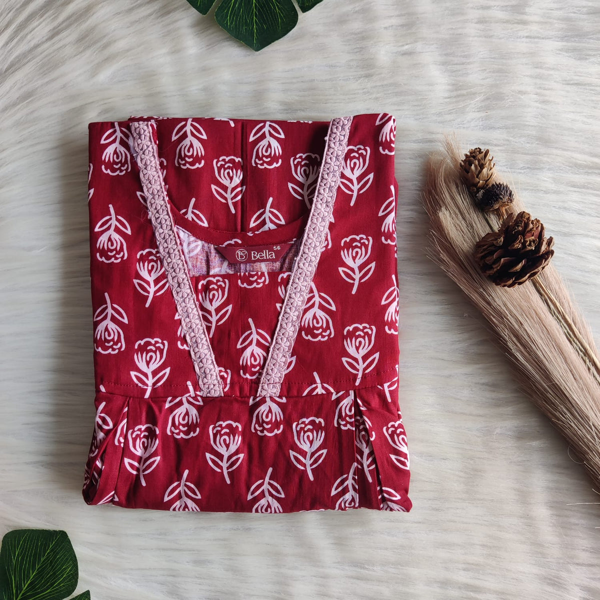 Maroon Floral Printed Premium Cotton Two Side Vertical Lace Zip Feeding Nighty | Free Size | Chest Width 44″| Length 56″