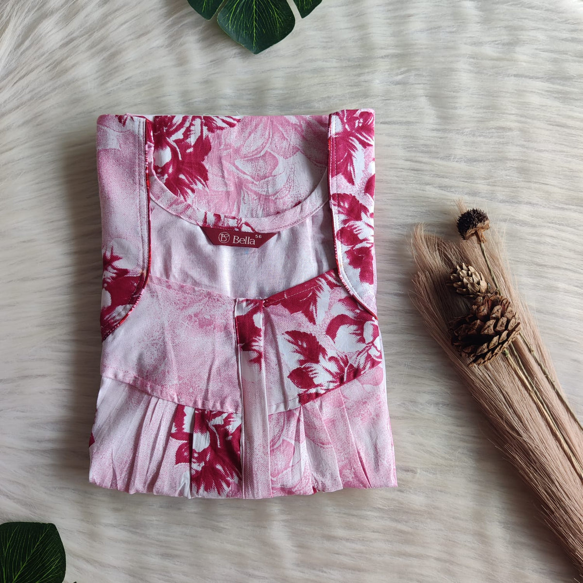 Maroon Floral Printed Premium Cotton Pleated Zip Nighty | Free Size | Chest Width 44″| Length 54″-55″