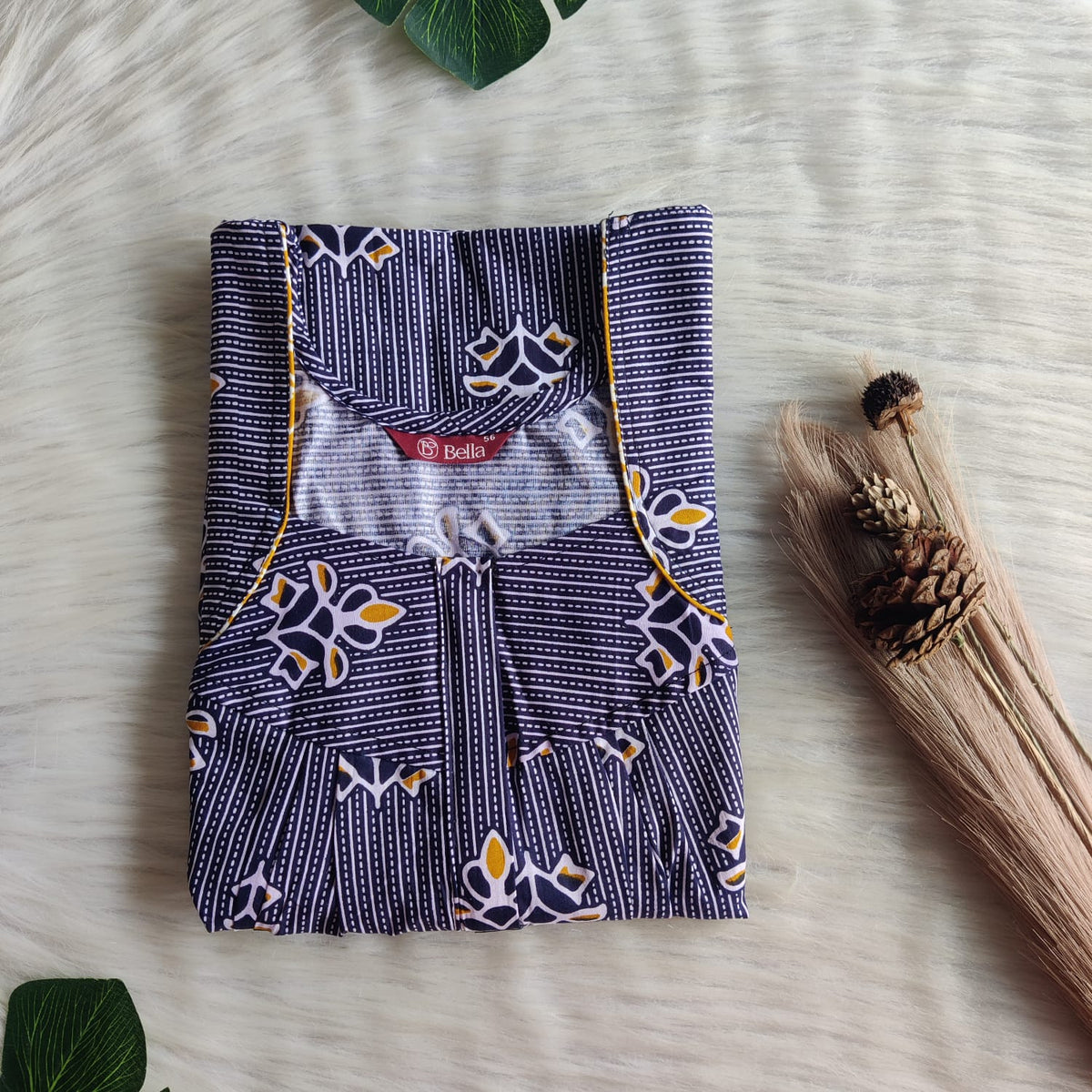Yellow Floral Printed Navy Blue Premium Cotton Pleated Zip Nighty | Free Size | Chest Width 44″| Length 54″-55″