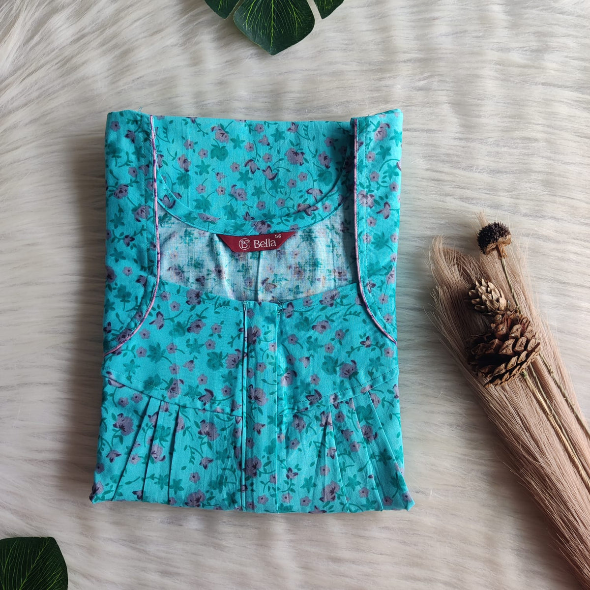 Aqua Green Printed Premium Cotton Pleated Zip Nighty | Free Size | Chest Width 44″| Length 54″-55″