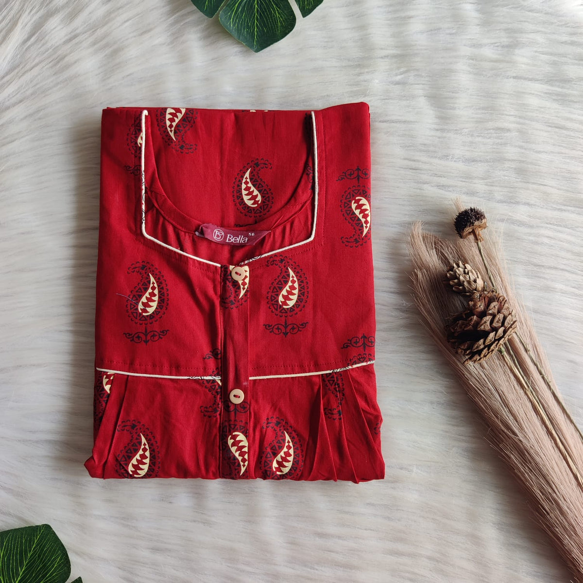 Red Kalamkari Printed Premium Cotton Button Zip Nighty | Free Size | Chest Width 44″| Length 55″-56″