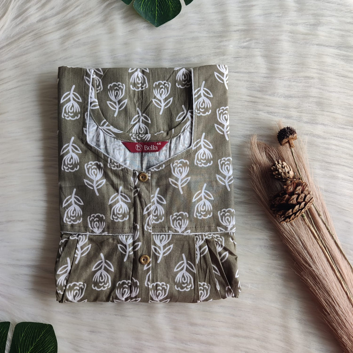 Pastel Green Printed Premium Cotton Button Zip Nighty | Free Size | Chest Width 44″| Length 55″-56″