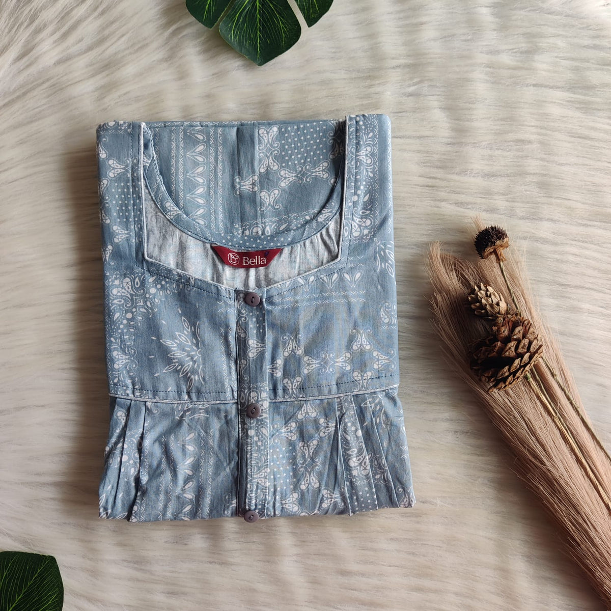 Pastel Blue Printed Premium Cotton Button Zip Nighty | Free Size | Chest Width 44″| Length 55″-56″