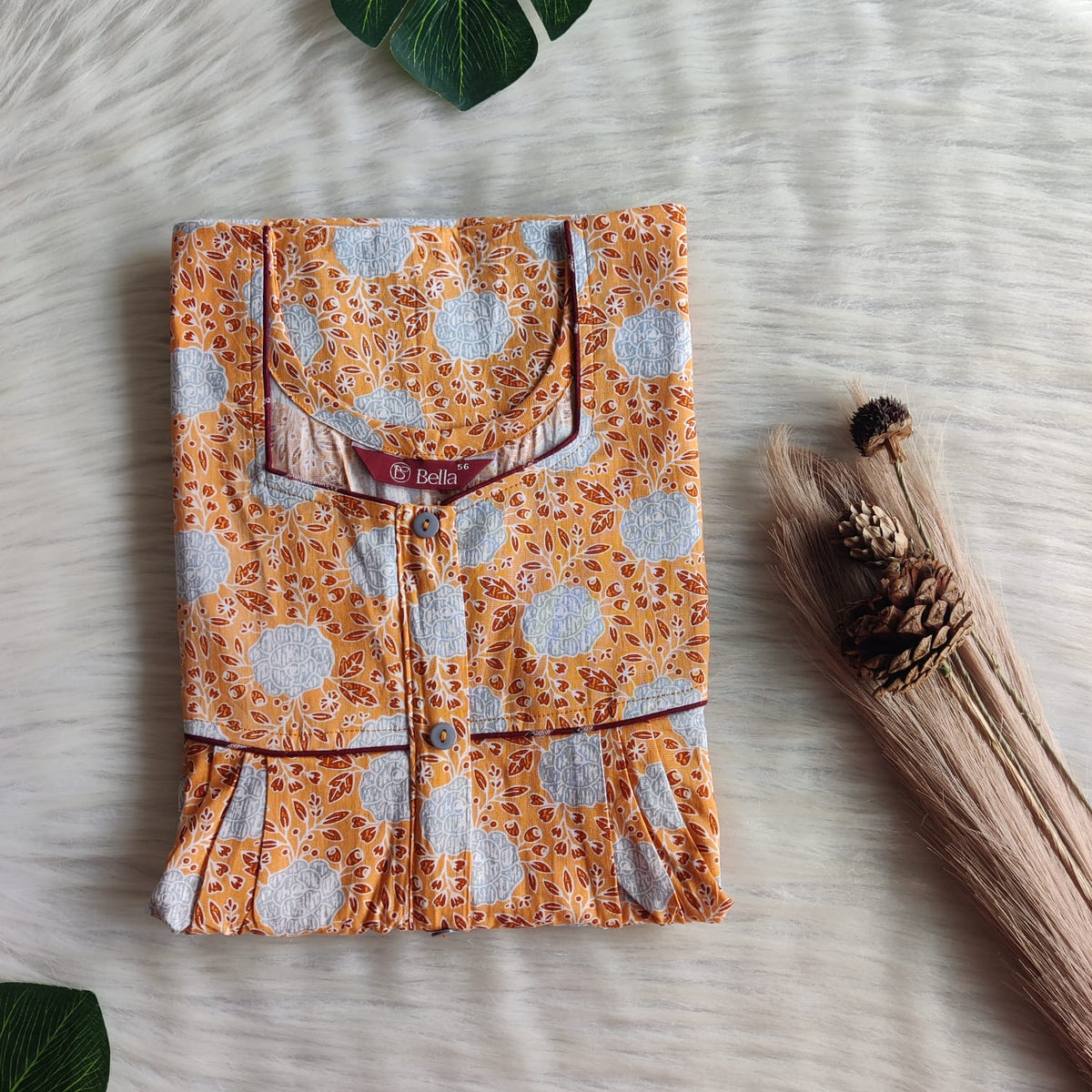White Floral Printed Orange Premium Cotton Button Zip Nighty | Free Size | Chest Width 44″| Length 55″-56″