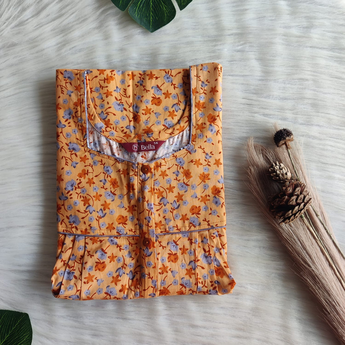 Grey Floral Printed Orange Premium Cotton Button Zip Nighty | Free Size | Chest Width 44″| Length 55″-56″