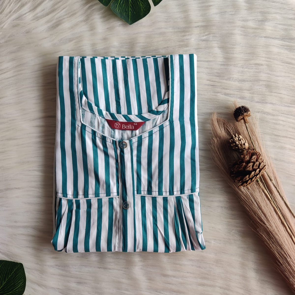 Green Stripes Printed Premium Cotton Button Zip Nighty | Free Size | Chest Width 44″| Length 55″-56″