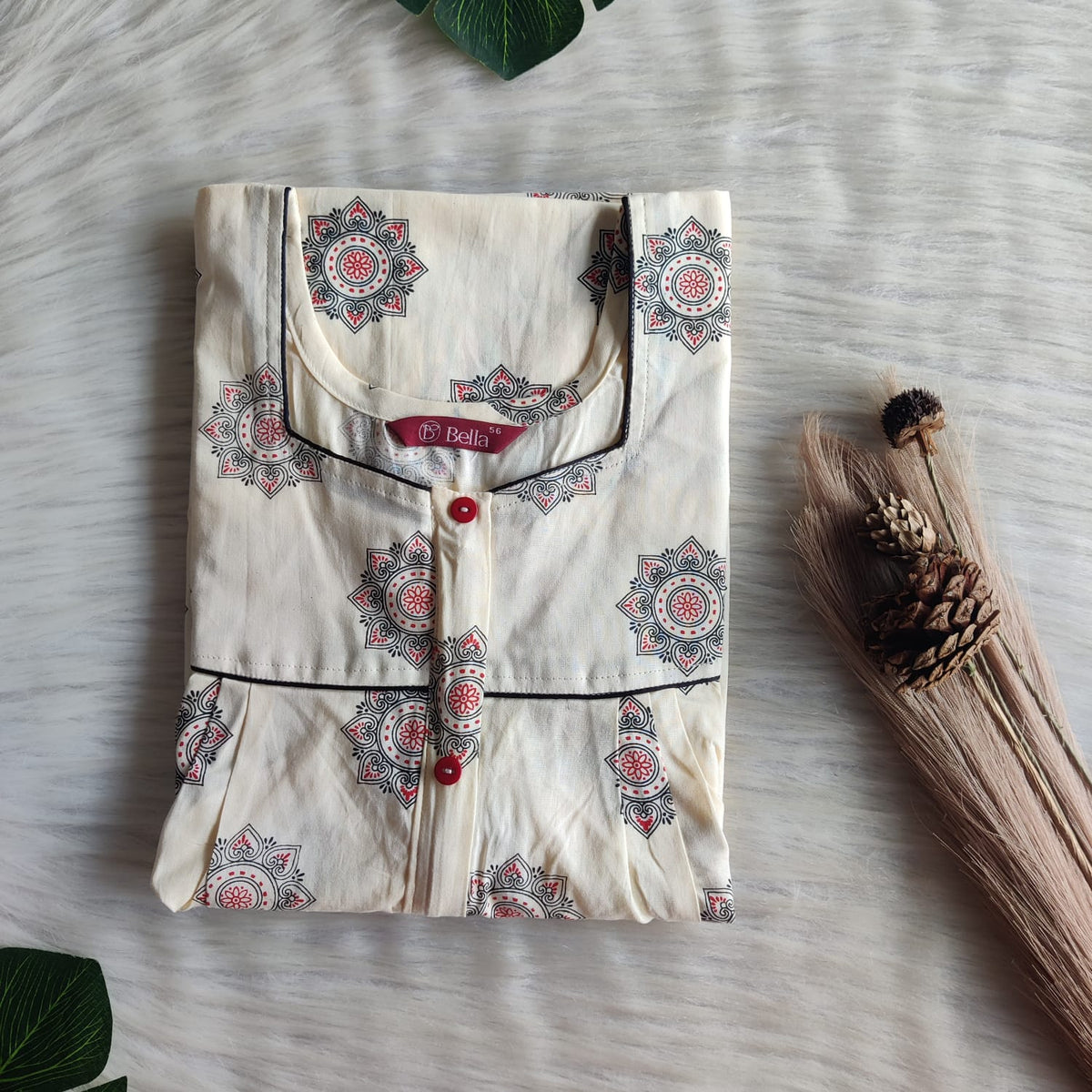 Ivory Floral Printed Premium Cotton Button Zip Nighty | Free Size | Chest Width 44″| Length 55″-56″