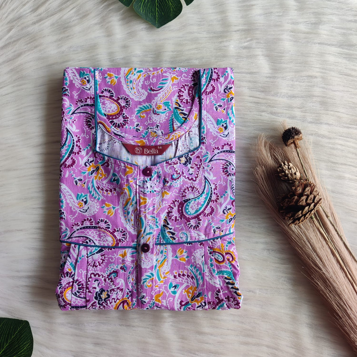 Pink And Blue Kalamkari Printed Premium Cotton Button Zip Nighty | Free Size | Chest Width 44″| Length 55″-56″