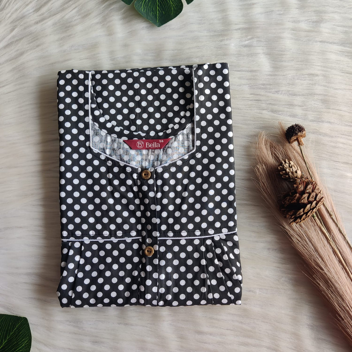 Black And White Dot Printed Premium Cotton Button Zip Nighty | Free Size | Chest Width 44″| Length 55″-56″