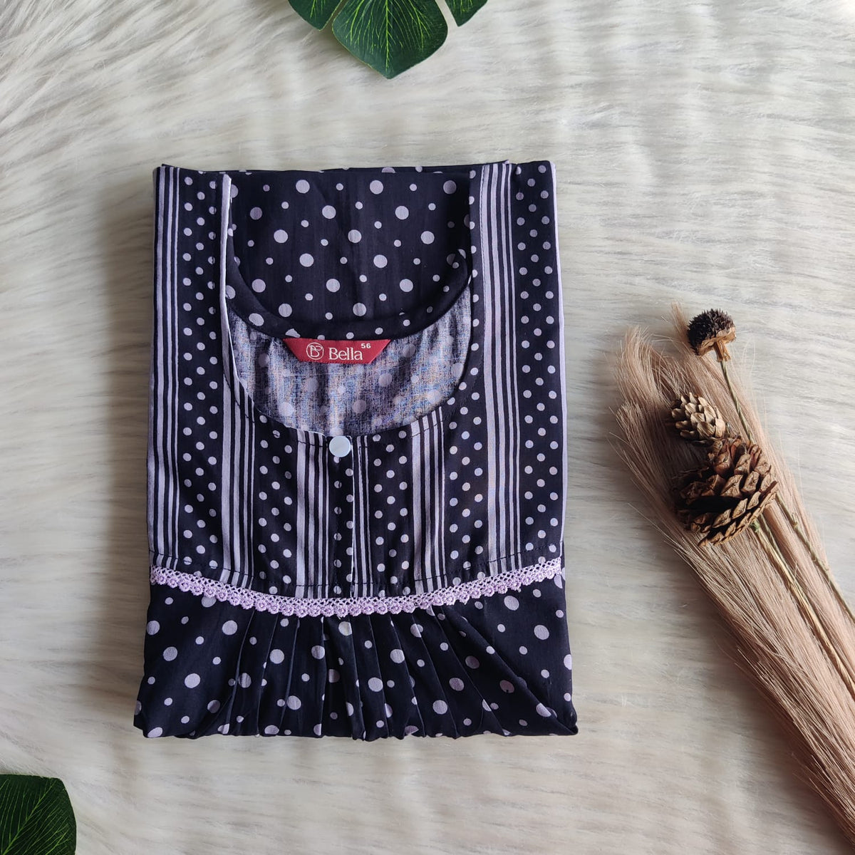 White And Navy Blue Printed Premium Cotton Lace Nighty | Free Size | Chest Width 44″| Length 54″-56″