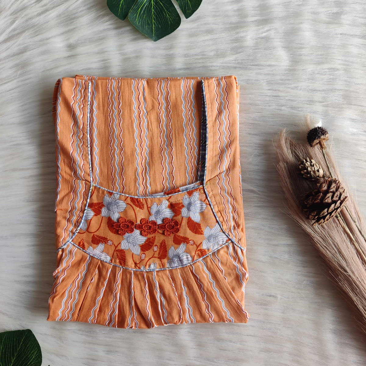 Orange Printed Premium Cotton Three Flower Nighty |Free Size | Chest Width 44"| Length 54"-55"