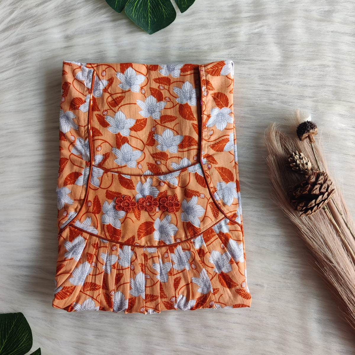 White Floral Printed Orange Premium Cotton Three Flower Nighty |Free Size | Chest Width 44"| Length 54"-55"