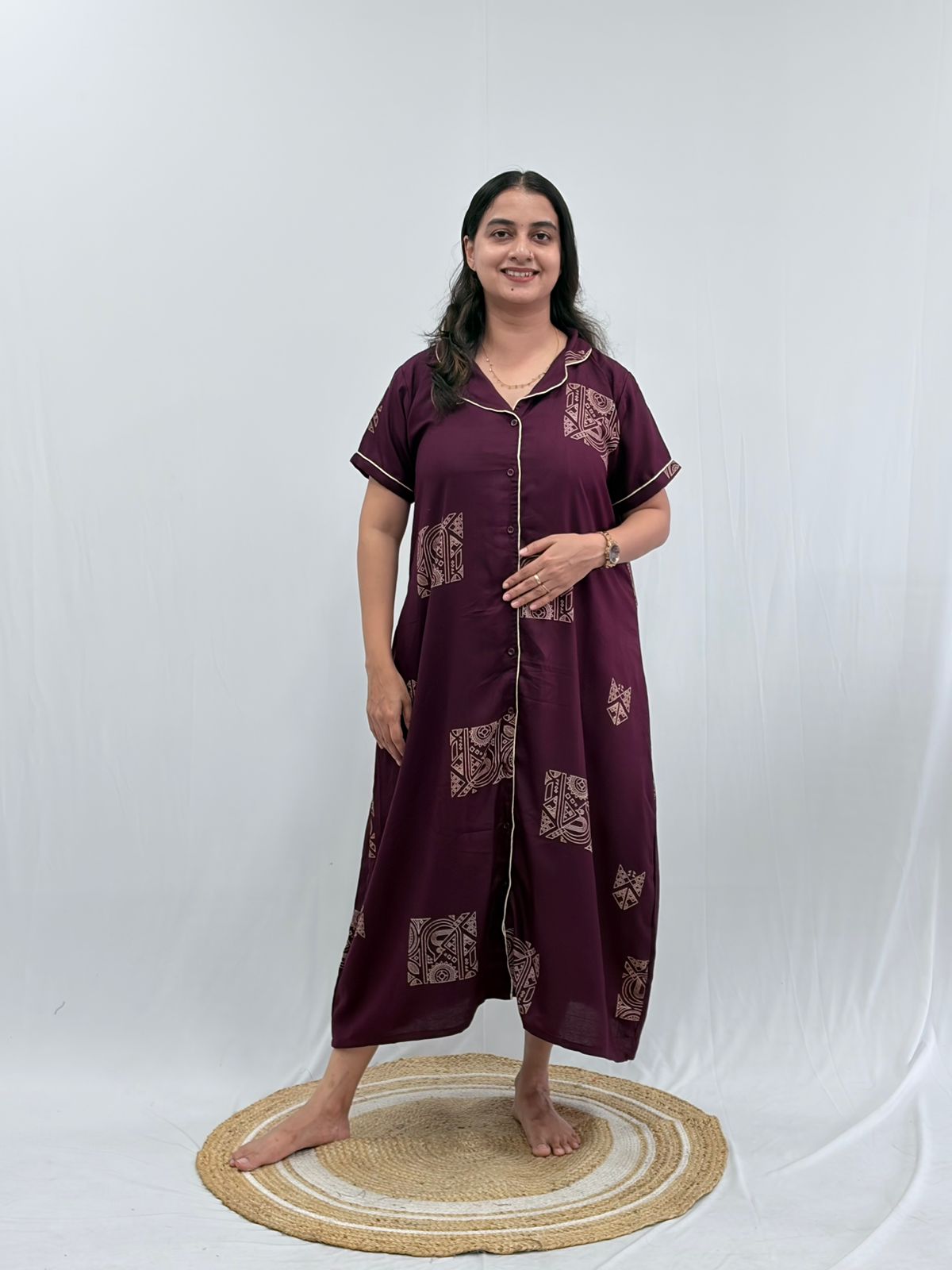 Wine Printed Alpine Full Open Long Polo Shirt Dress | Side Pocket | Free Size | Chest Width 44″| Length 44″