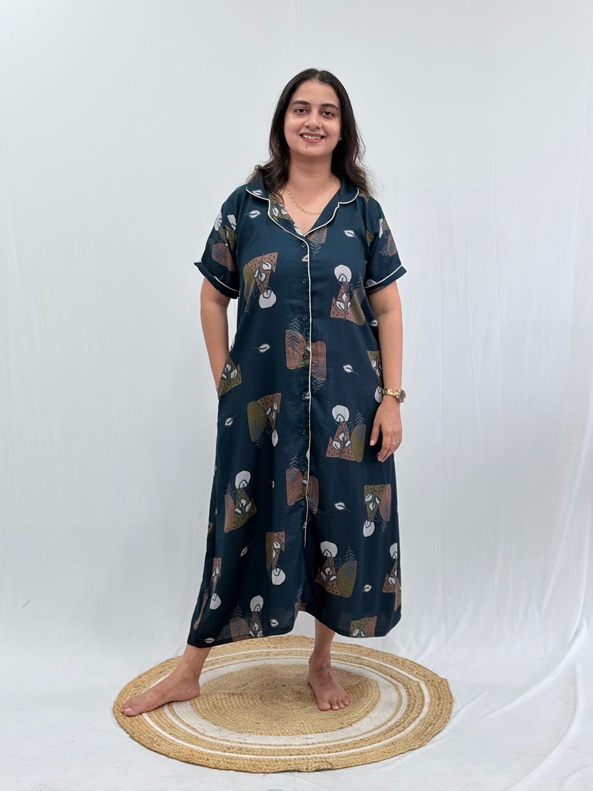 Teal Green Printed Alpine Full Open Long Polo Shirt Dress | Side Pocket | Free Size | Chest Width 44″| Length 44″