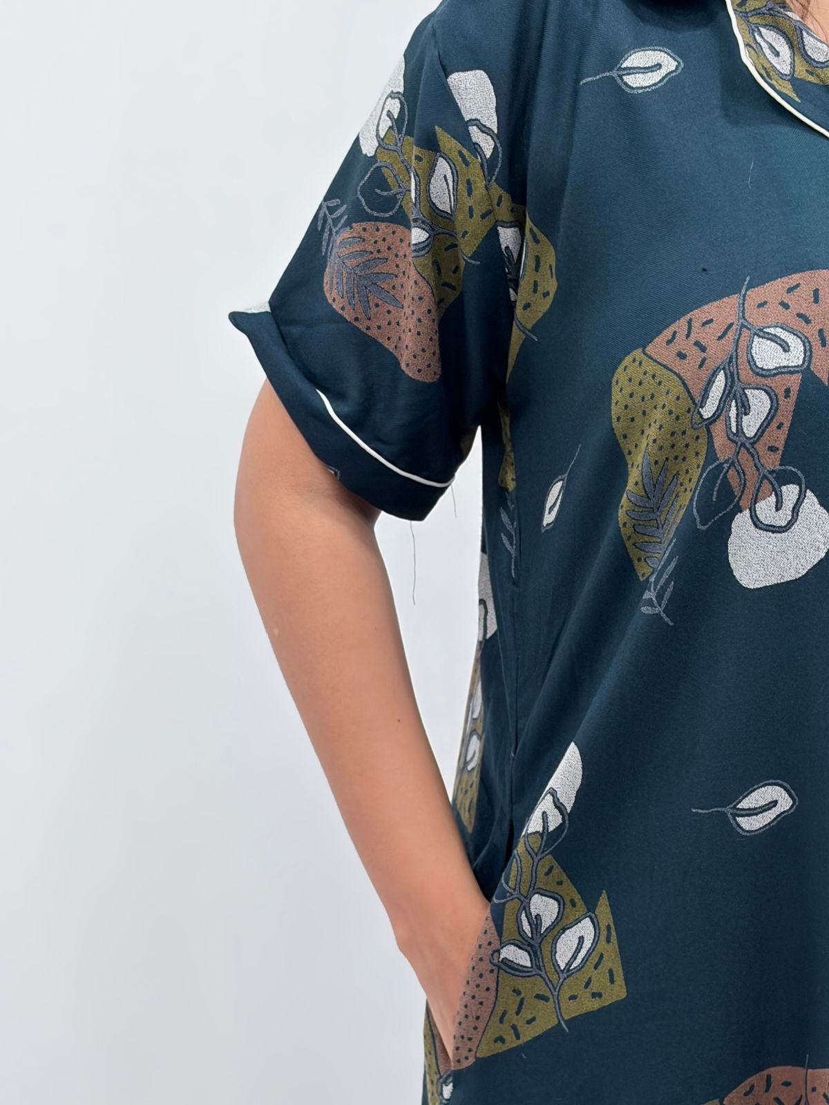 Teal Green Printed Alpine Full Open Long Polo Shirt Dress | Side Pocket | Free Size | Chest Width 44″| Length 44″