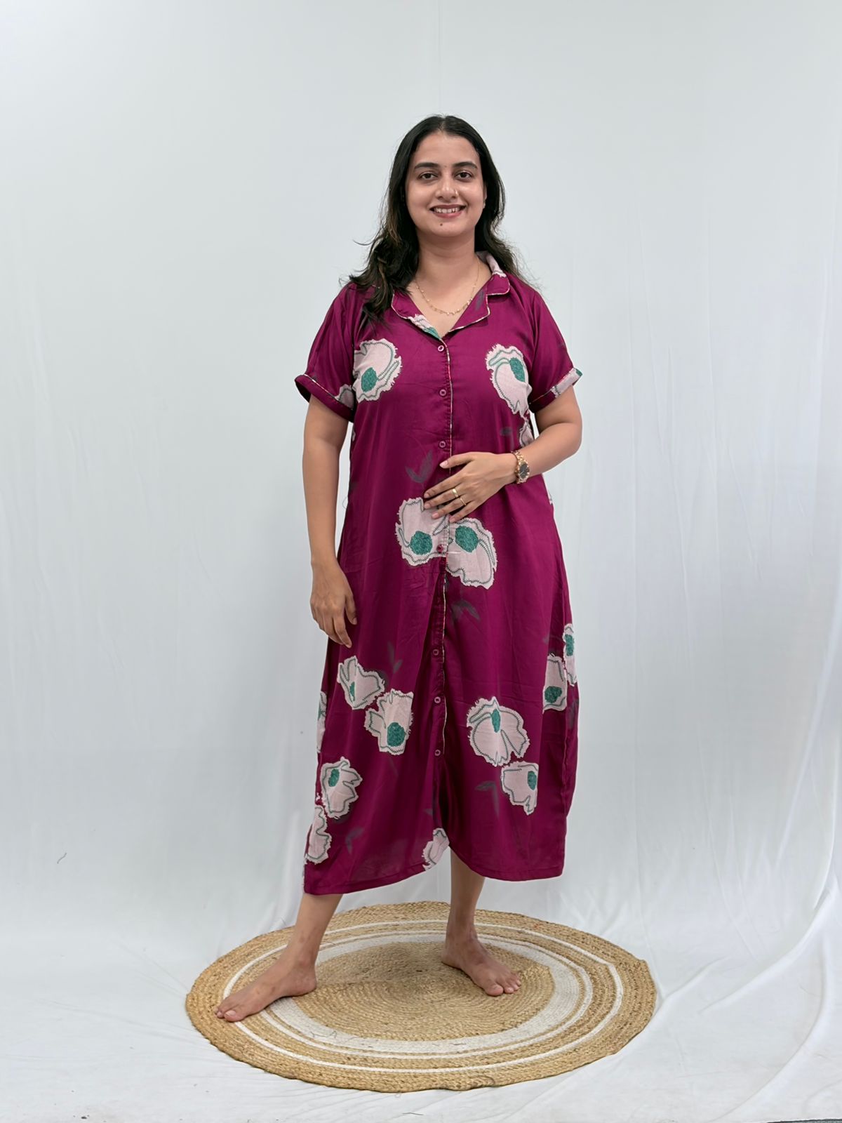 Pink Printed Alpine Full Open Long Polo Shirt Dress | Side Pocket | Free Size | Chest Width 44″| Length 44″