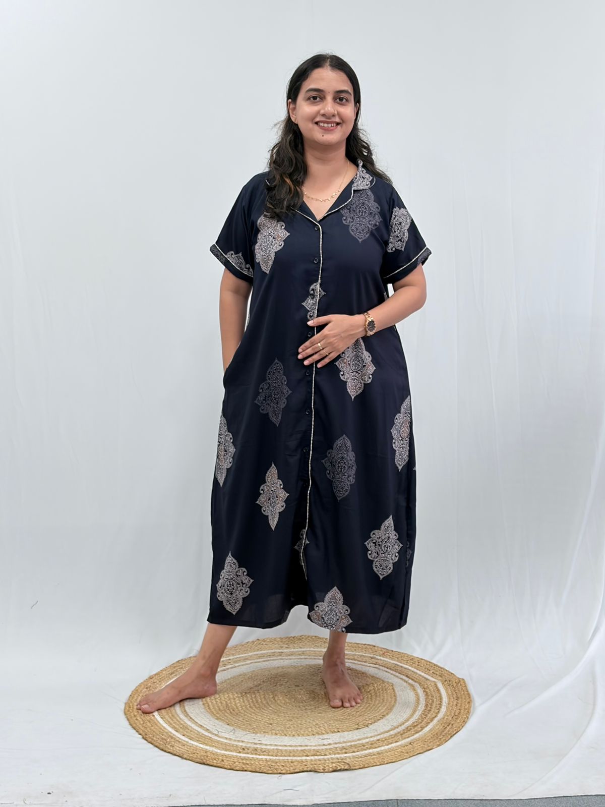 Navy-Blue Printed Alpine Full Open Long Polo Shirt Dress | Side Pocket | Free Size | Chest Width 44″| Length 44″