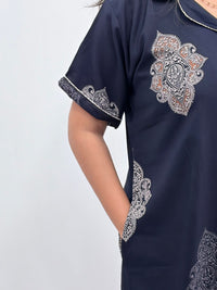 Navy-Blue Printed Alpine Full Open Long Polo Shirt Dress | Side Pocket | Free Size | Chest Width 44″| Length 44″