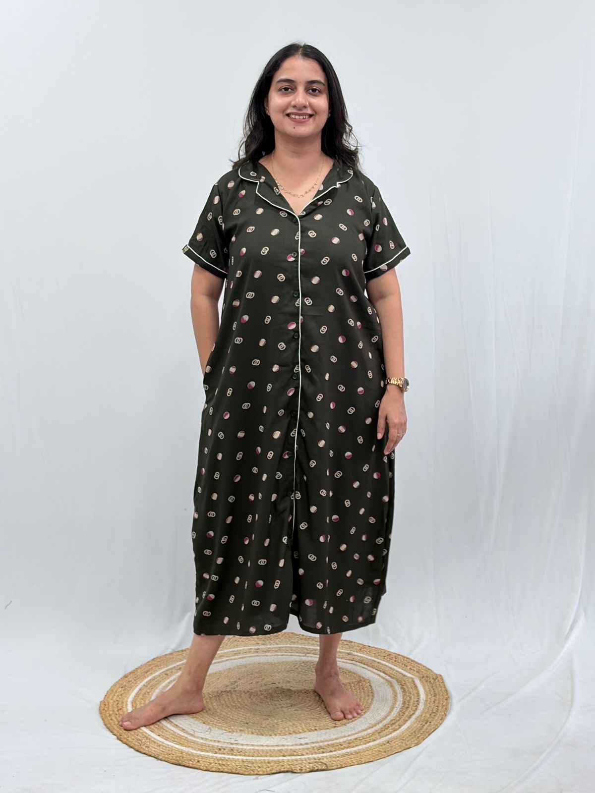 Olive Green Printed Alpine Full Open Long Polo Shirt Dress | Side Pocket | Free Size | Chest Width 44″| Length 44″