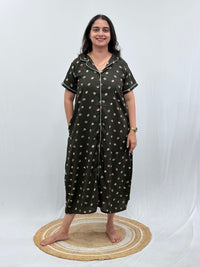 Olive Green Printed Alpine Full Open Long Polo Shirt Dress | Side Pocket | Free Size | Chest Width 44″| Length 44″