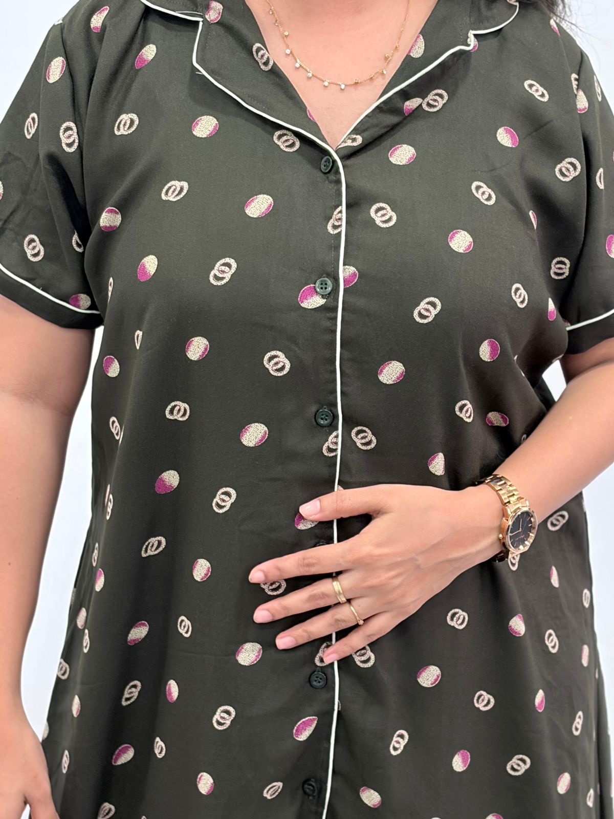 Olive Green Printed Alpine Full Open Long Polo Shirt Dress | Side Pocket | Free Size | Chest Width 44″| Length 44″