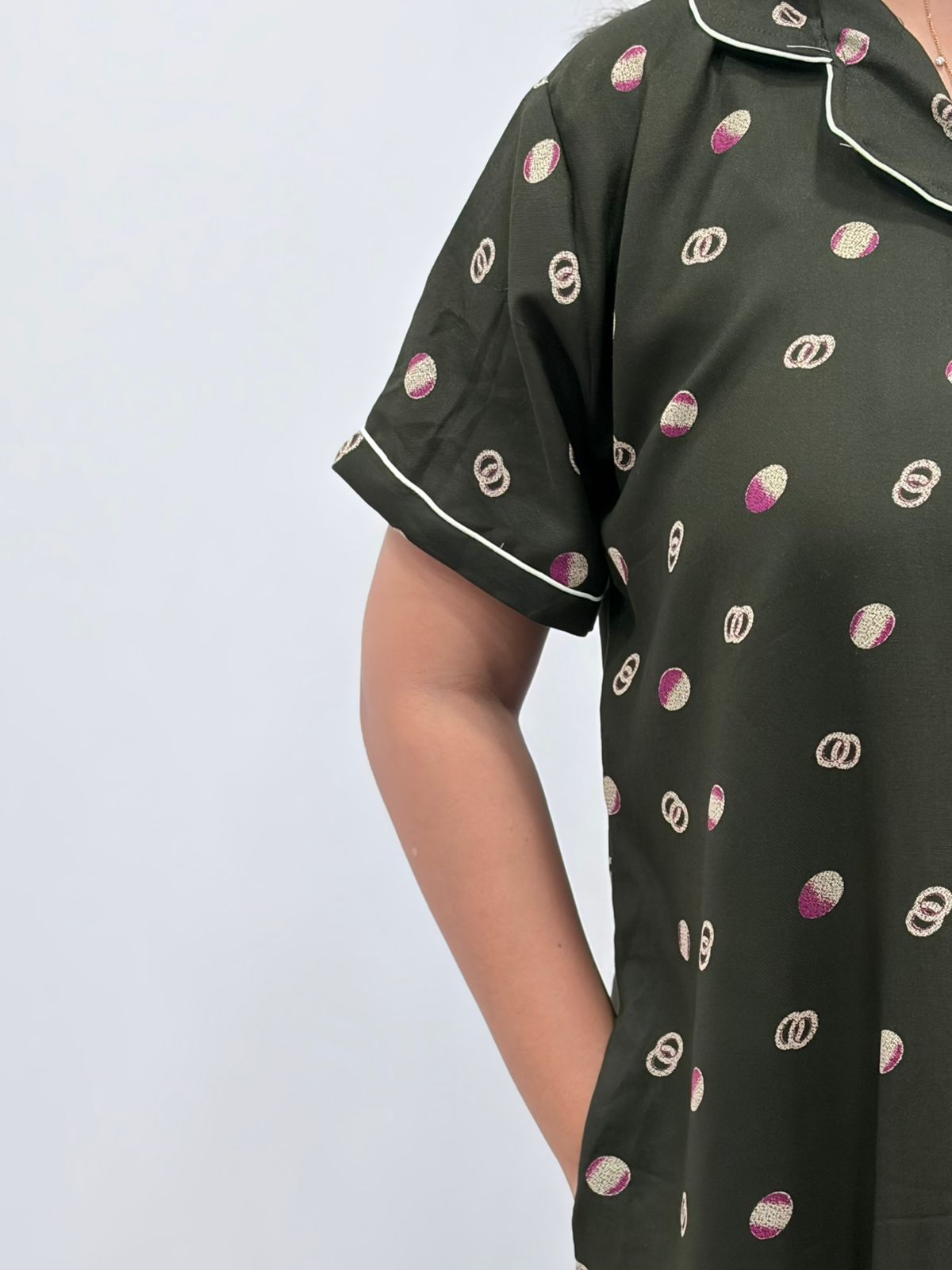 Olive Green Printed Alpine Full Open Long Polo Shirt Dress | Side Pocket | Free Size | Chest Width 44″| Length 44″