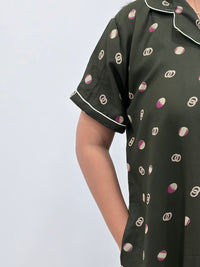 Olive Green Printed Alpine Full Open Long Polo Shirt Dress | Side Pocket | Free Size | Chest Width 44″| Length 44″